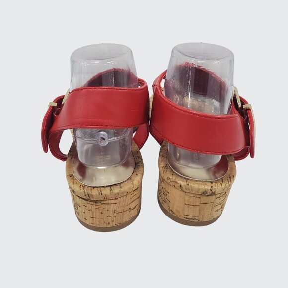 Pesaro Red Faux Leather Peep Toe Sandals With Cork Sole & Gold Buckle Size 11M - Picture 7 of 11
